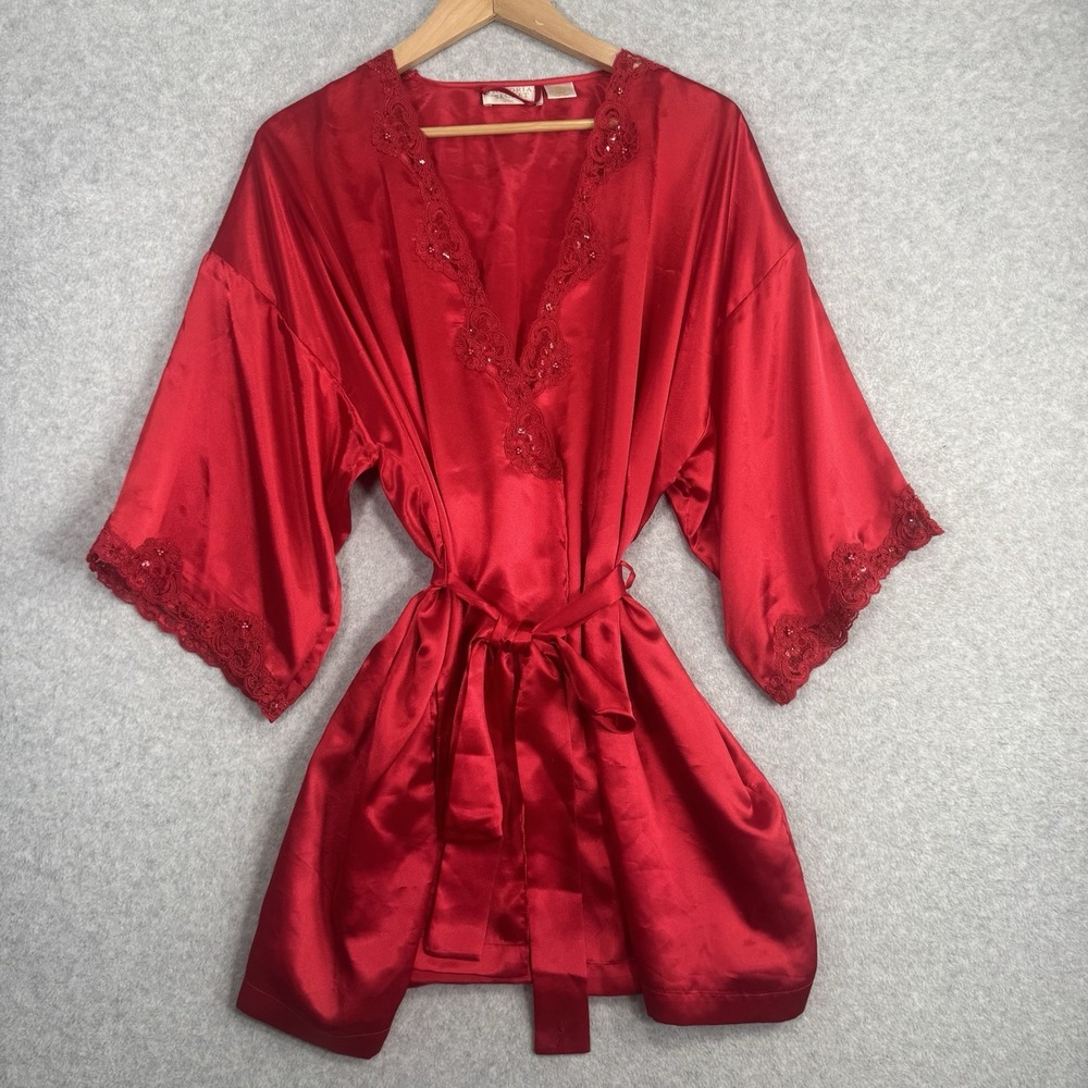 Victoria's Secret VTG Gold‎ Label Red Satin Robe O/S Lace Sequin Trim Wrap Glam